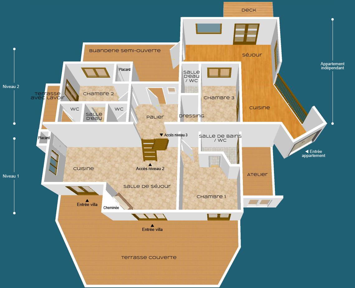 Plan des niveaux 1 et 2 de la villa